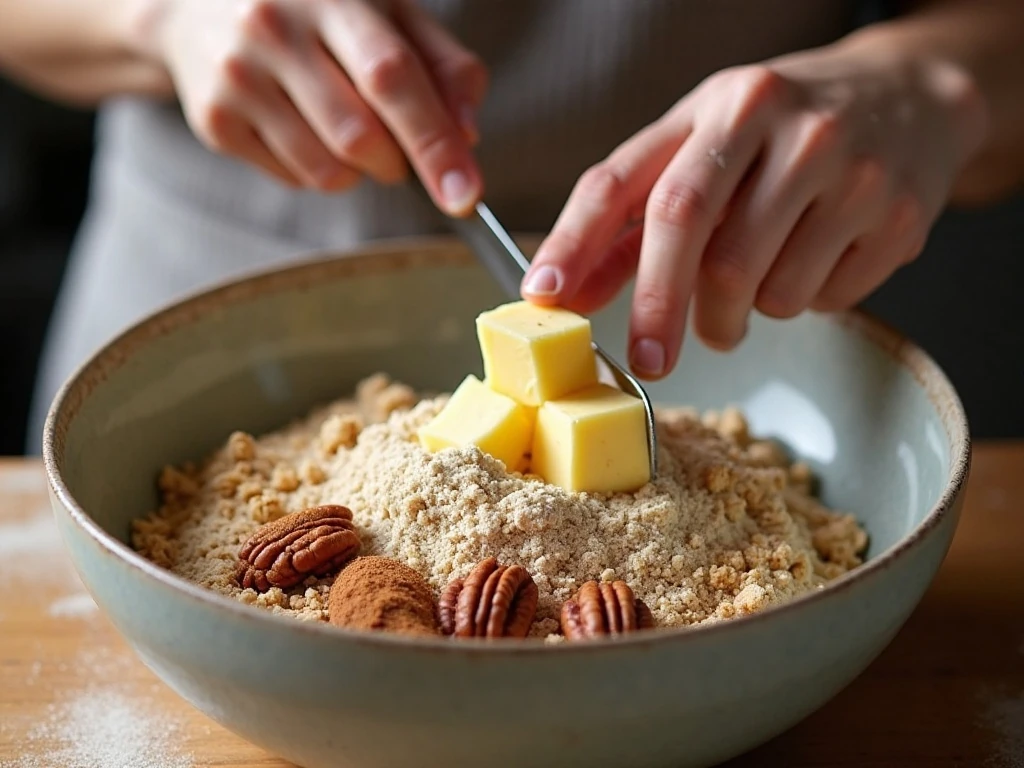 Cold butter being cut into the peach crumble topping