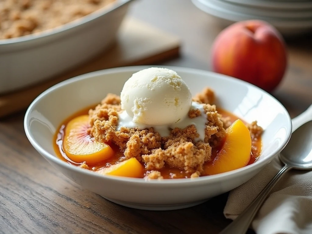 Warm peach crumble served with vanilla ice cream