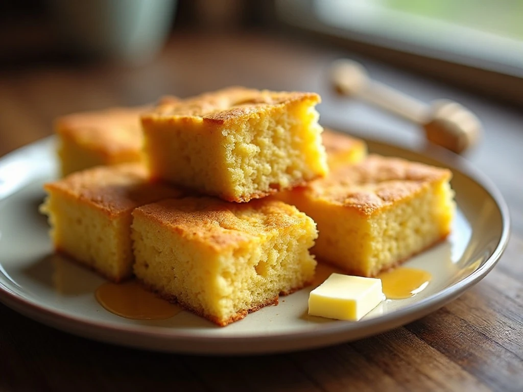 Golden moist honey cornbread squares served warm on a plate