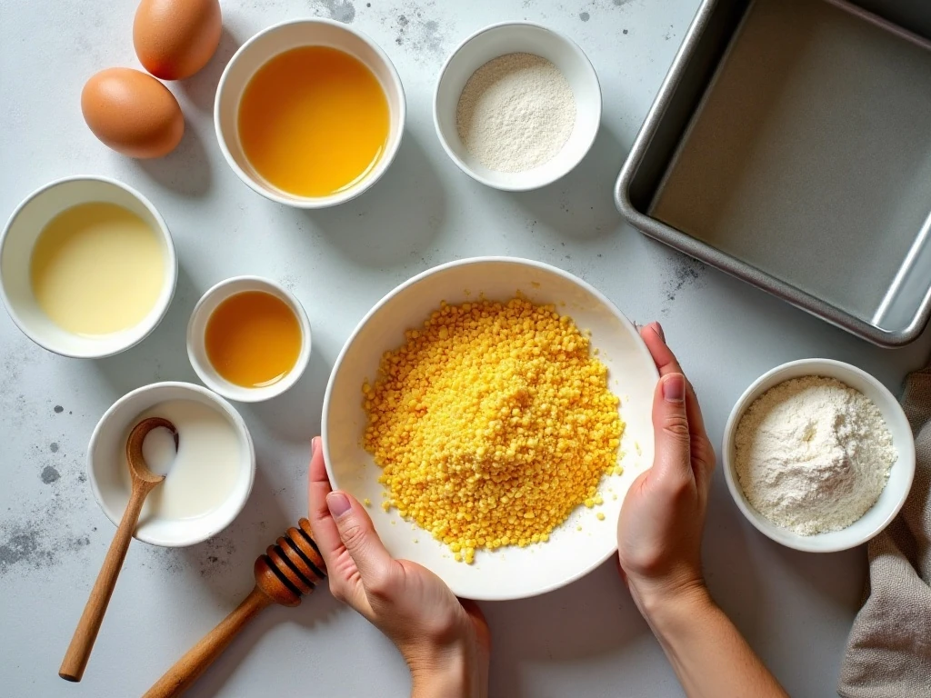 Ingredients for homemade sweet honey cornbread arranged beside a baking pan