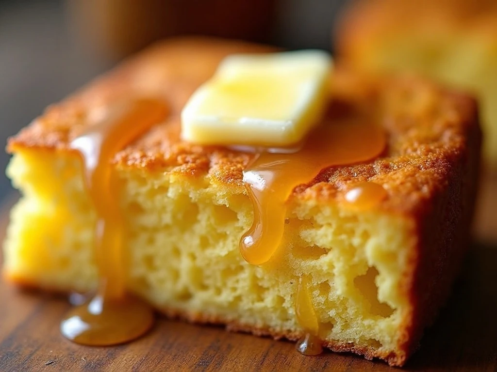 Close-up of moist honey cornbread with butter and honey