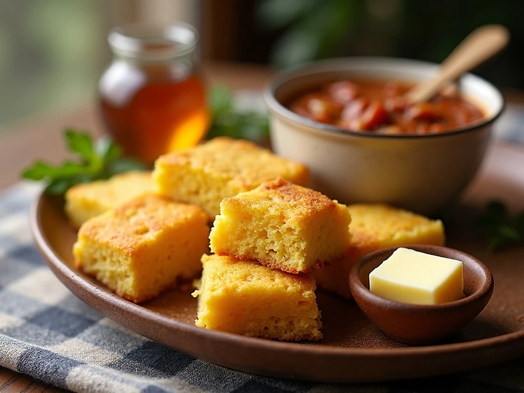 Honey cornbread served with chili and butter for a comforting meal