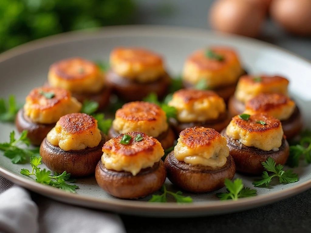 Golden sweet Italian sausage stuffed mushrooms arranged on a serving platter