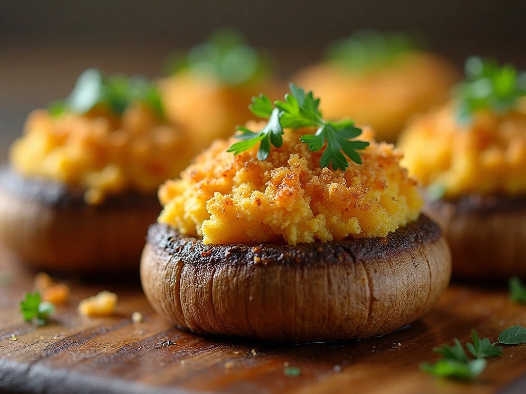 Close-up of a golden sausage stuffed mushroom with parsley garnish