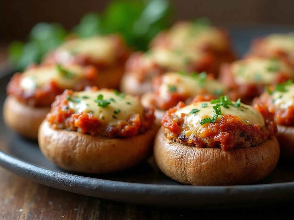 Platter of golden sweet Italian sausage stuffed mushrooms