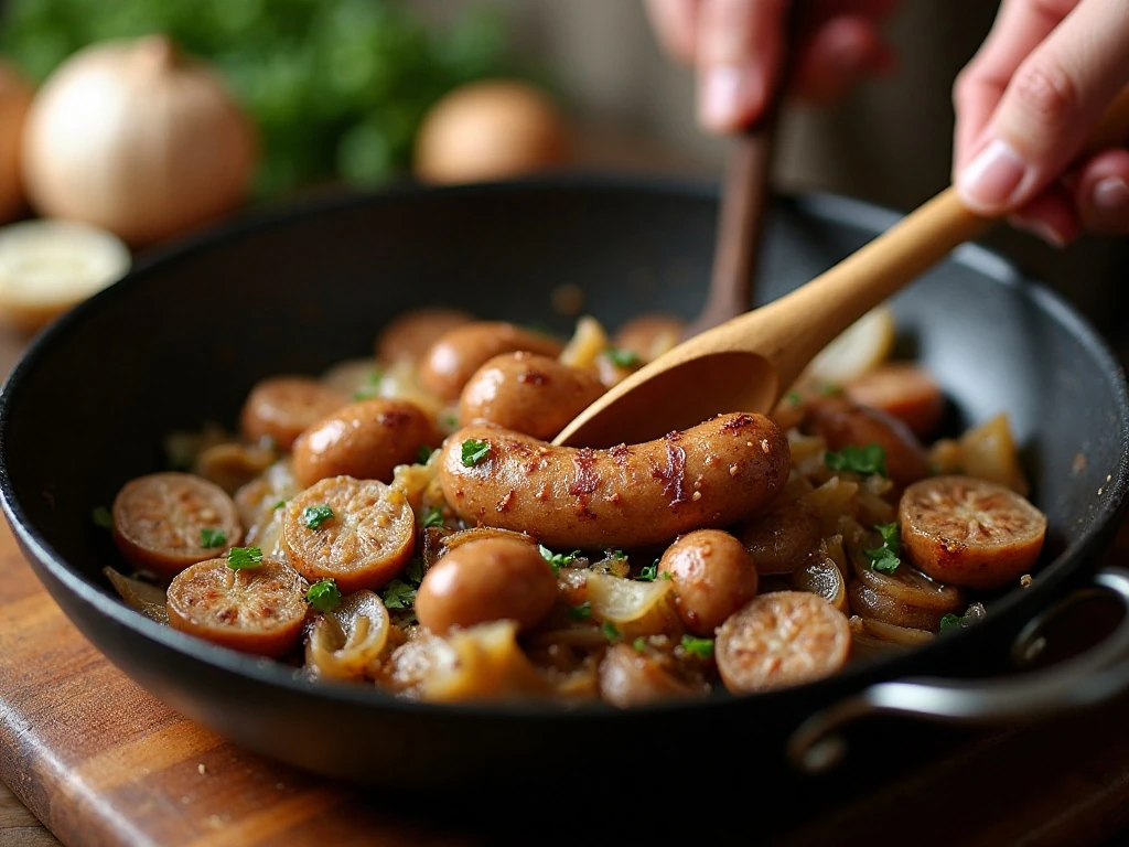 Dry sausage and mushroom filling cooking in a skillet