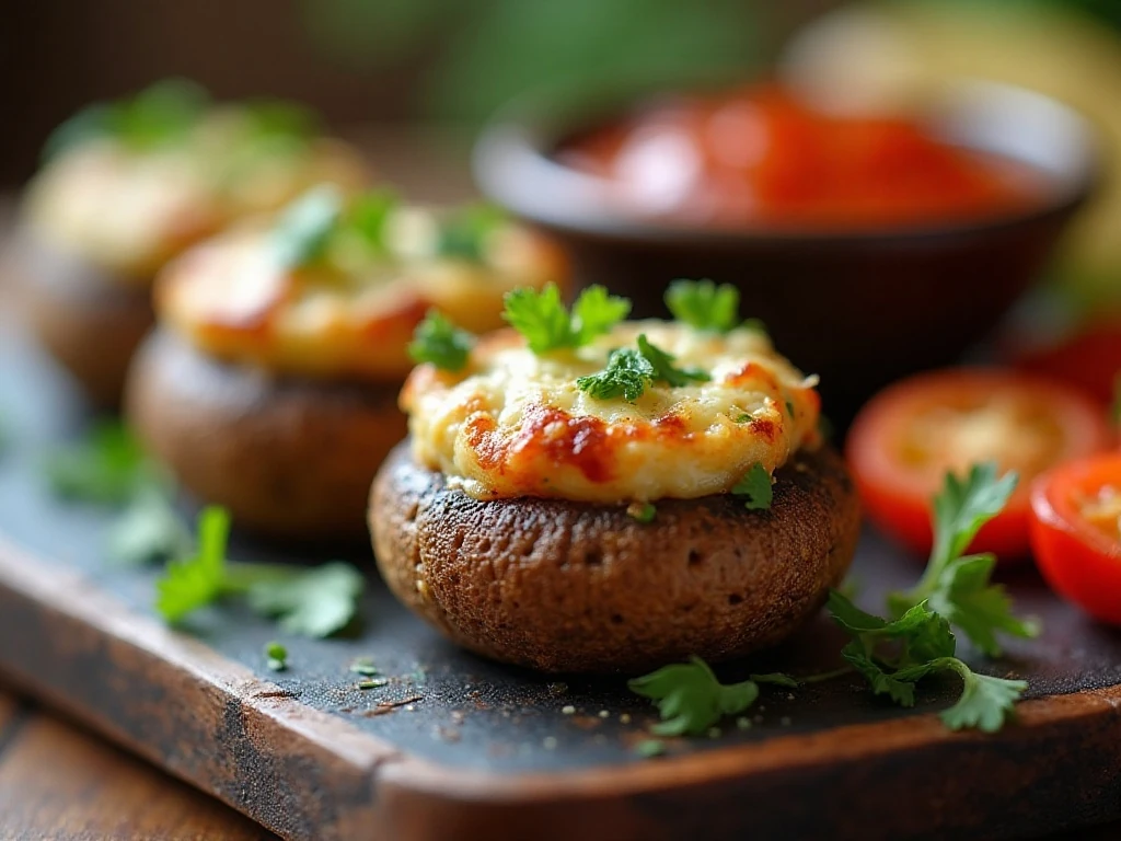 Garnished sausage stuffed mushroom appetizer with marinara