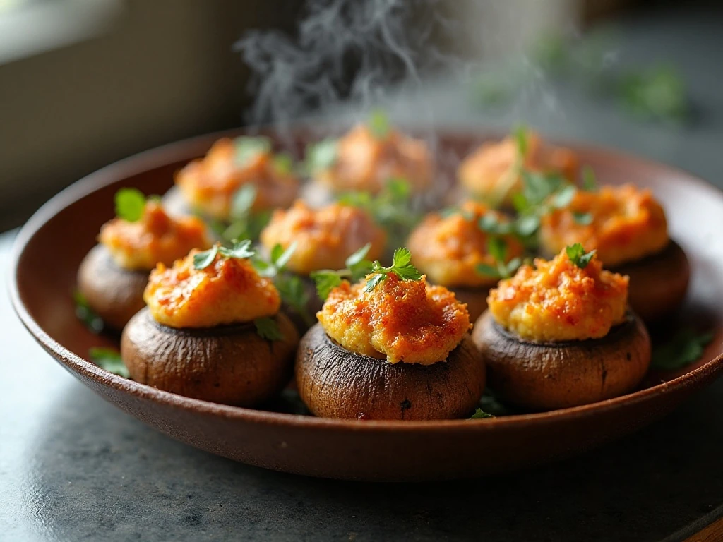 Warm reheated Italian sausage stuffed mushrooms