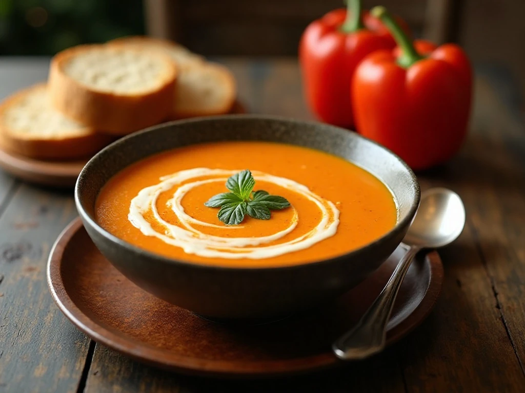 Bowl of creamy sweet pepper soup served for dinner