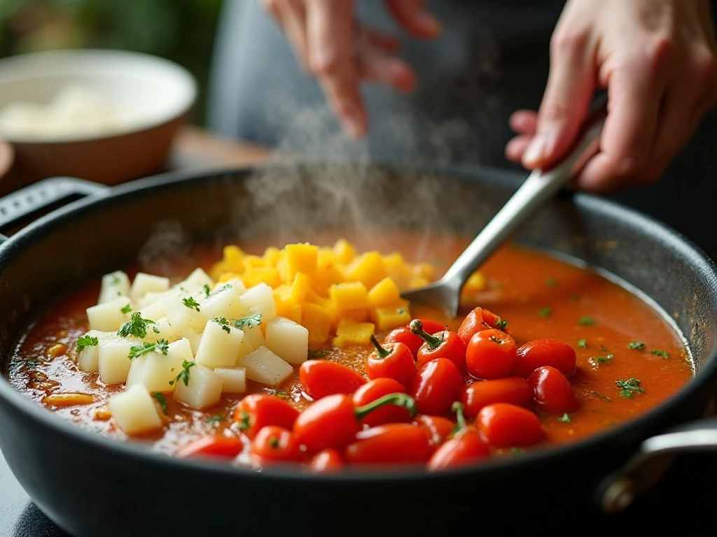 Sweet peppers and potato simmering for homemade soup