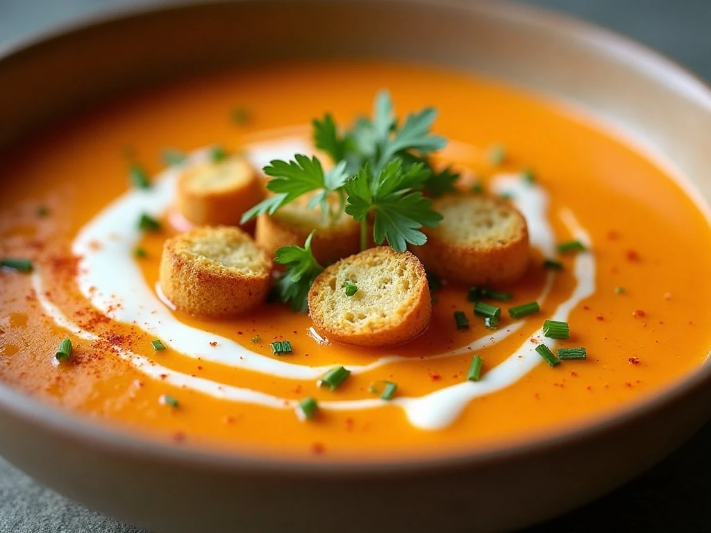 Creamy sweet pepper soup with herbs and croutons