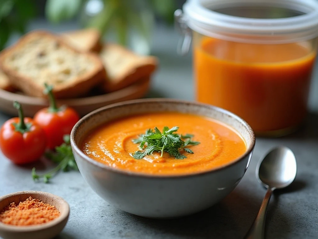 Stored and reheated creamy sweet pepper soup