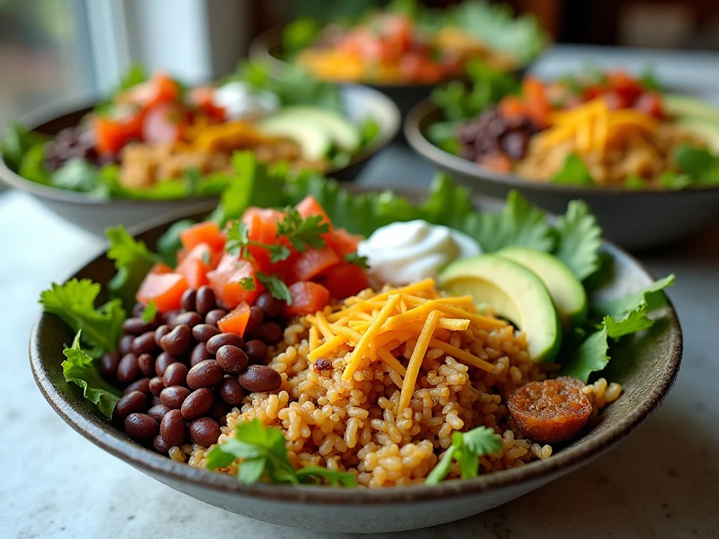 Sweet pork burrito bowls with rice, beans, fresh vegetables, cheese, avocado, and lime