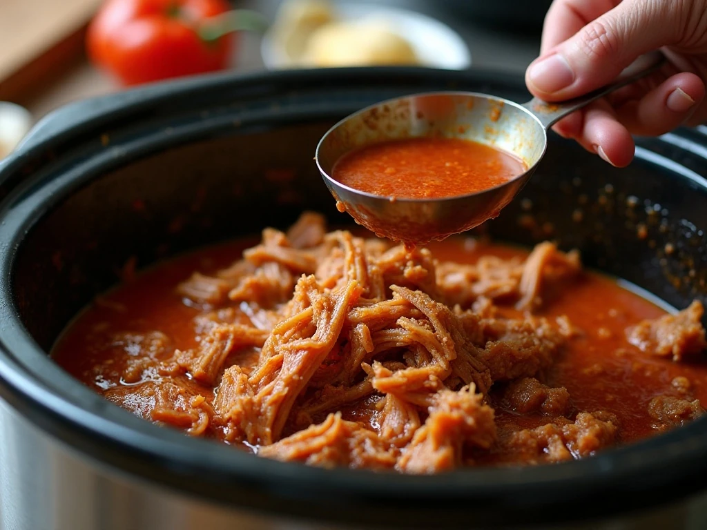 Shredded pork being finished in sweet enchilada sauce