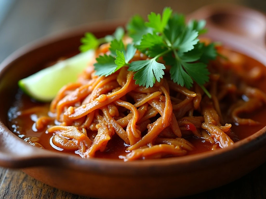 Close-up of tender glossy sweet pork with cilantro and lime