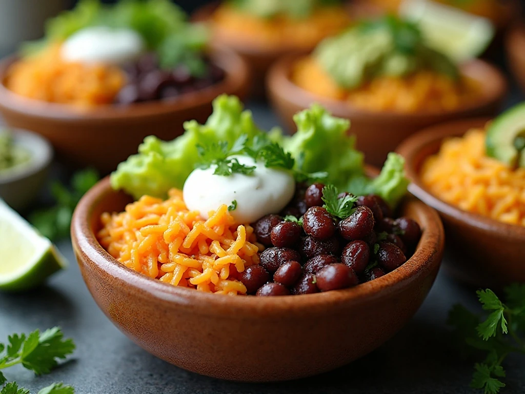 Burrito bowl topping bar with sweet pork and fresh toppings