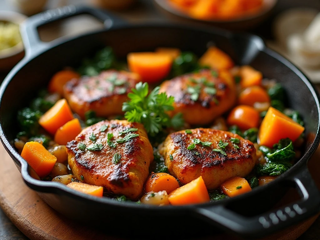 Sweet potato chicken skillet served as a one-pan dinner