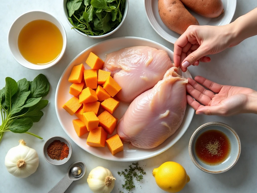Ingredients for sweet potato chicken skillet