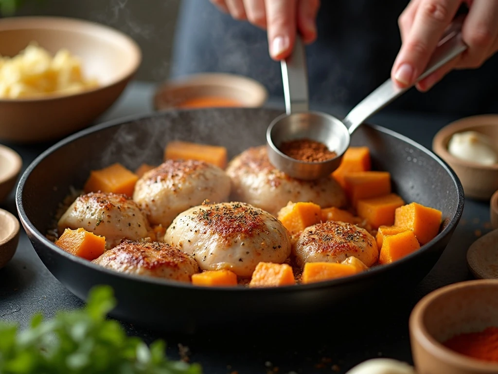 Chicken and sweet potatoes cooking in a skillet