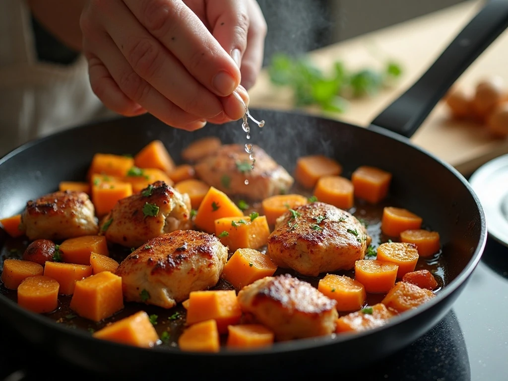 Covered skillet method for tender sweet potatoes and chicken