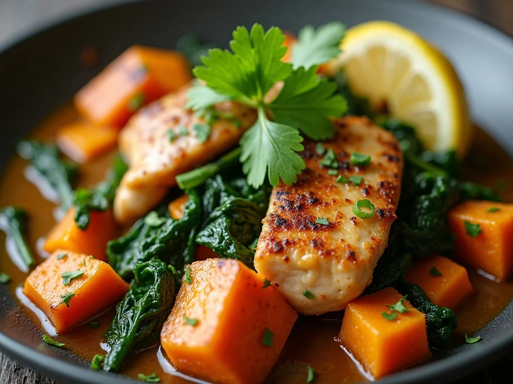 Garnished serving of sweet potato chicken skillet