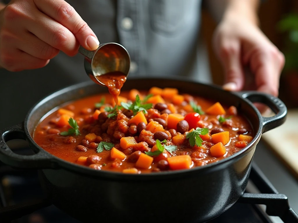 Cooking sweet potato chili in a Dutch oven