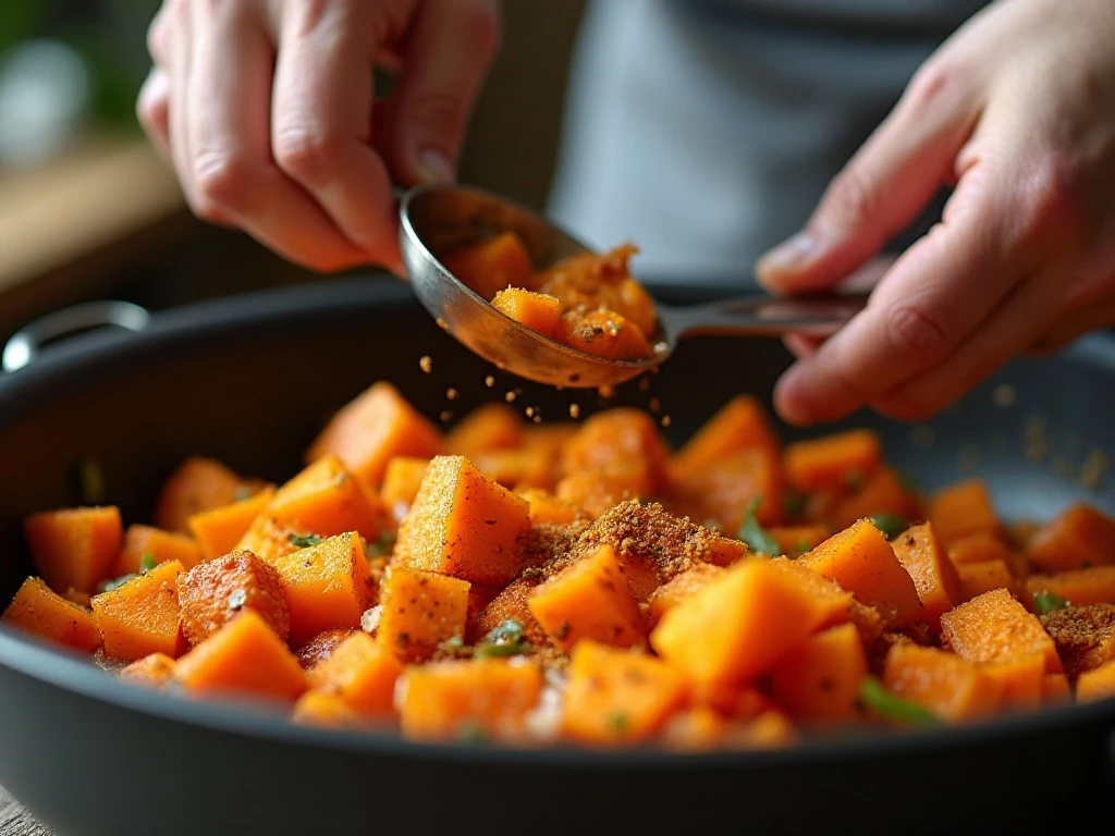 Blooming spices with vegetables for sweet potato chili