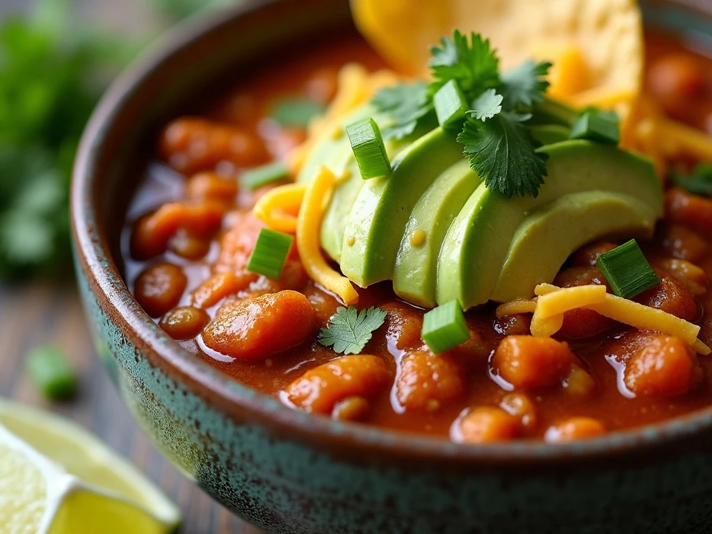 Sweet potato chili with avocado cilantro cheese and tortilla chips