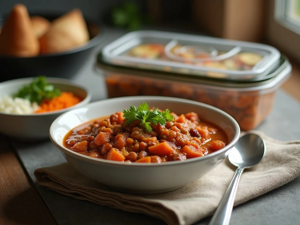 Sweet potato chili prepared for leftovers and reheating