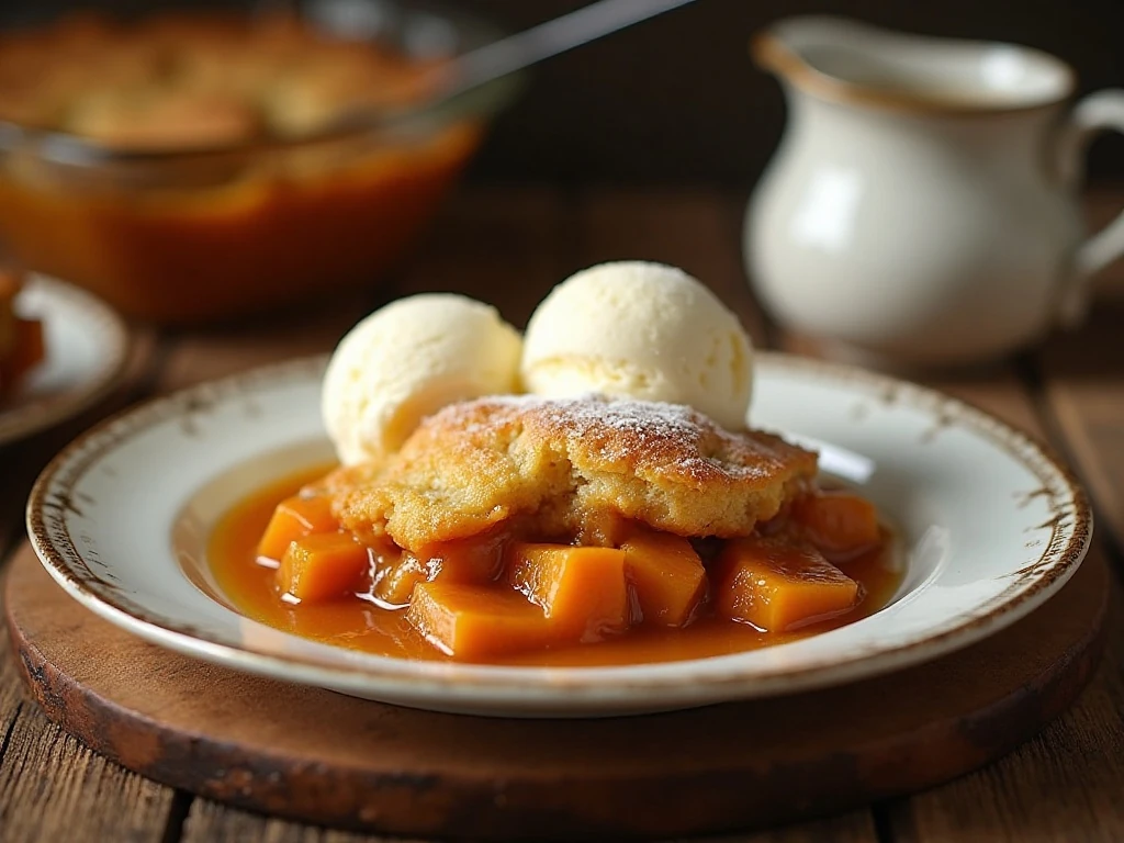 Warm serving of old-fashioned sweet potato cobbler with vanilla ice cream