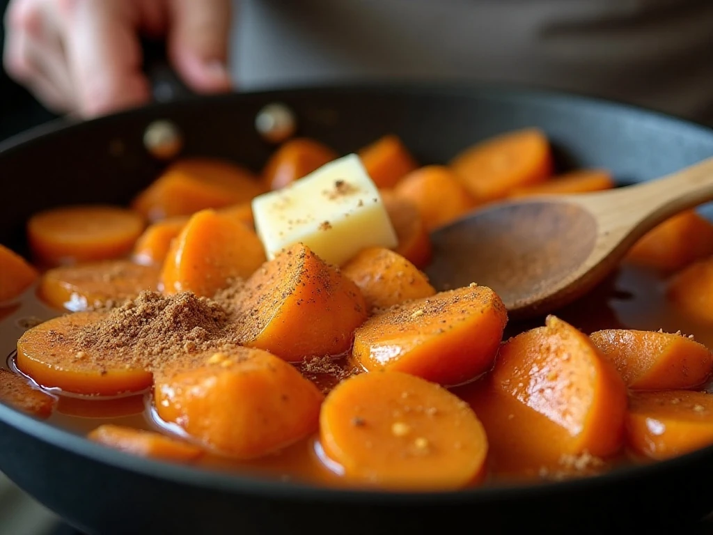 Sweet potato slices simmering in buttery spiced syrup