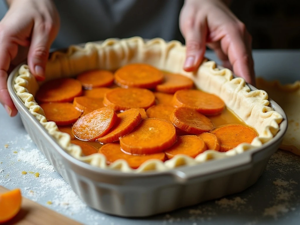 Sweet potato cobbler assembled in a deep baking dish