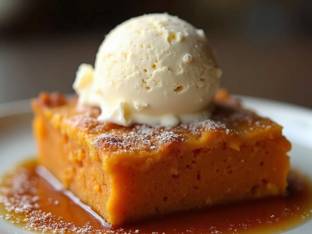 Sweet potato cobbler served with melting vanilla ice cream