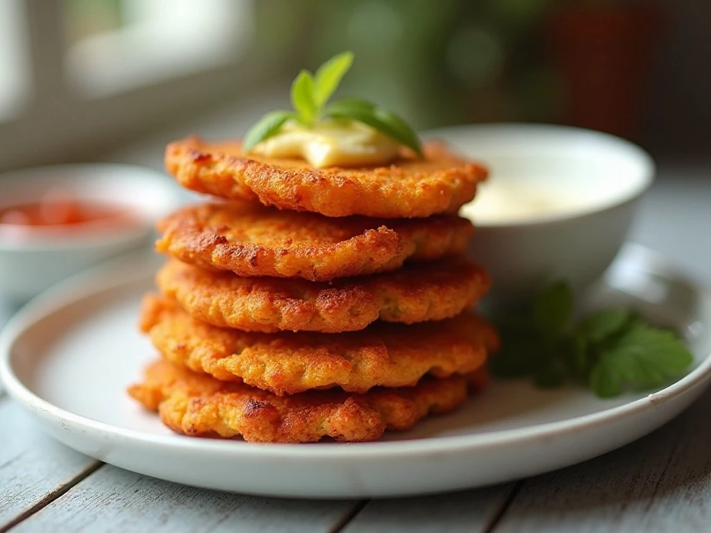 Stack of crispy sweet potato fritters served with yogurt and chili sauce