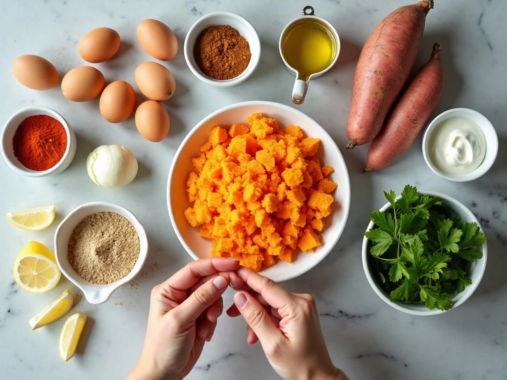 Ingredients for homemade crispy sweet potato fritters