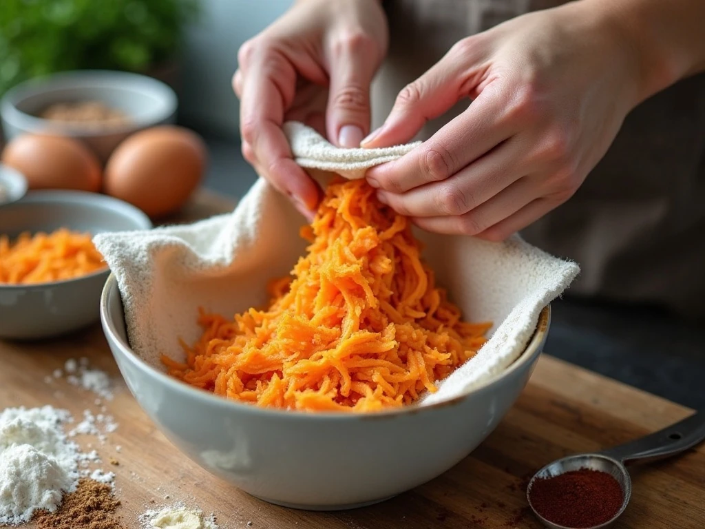 Squeezing moisture from grated sweet potato for fritters