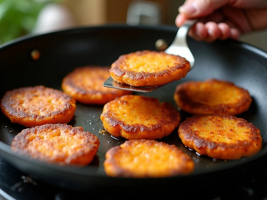 Thin sweet potato fritters frying in a nonstick skillet