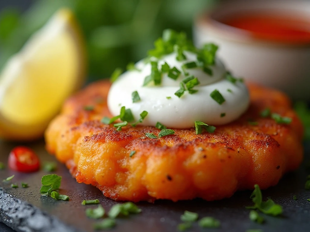 Sweet potato fritter with yogurt, herbs, lemon, and chili sauce