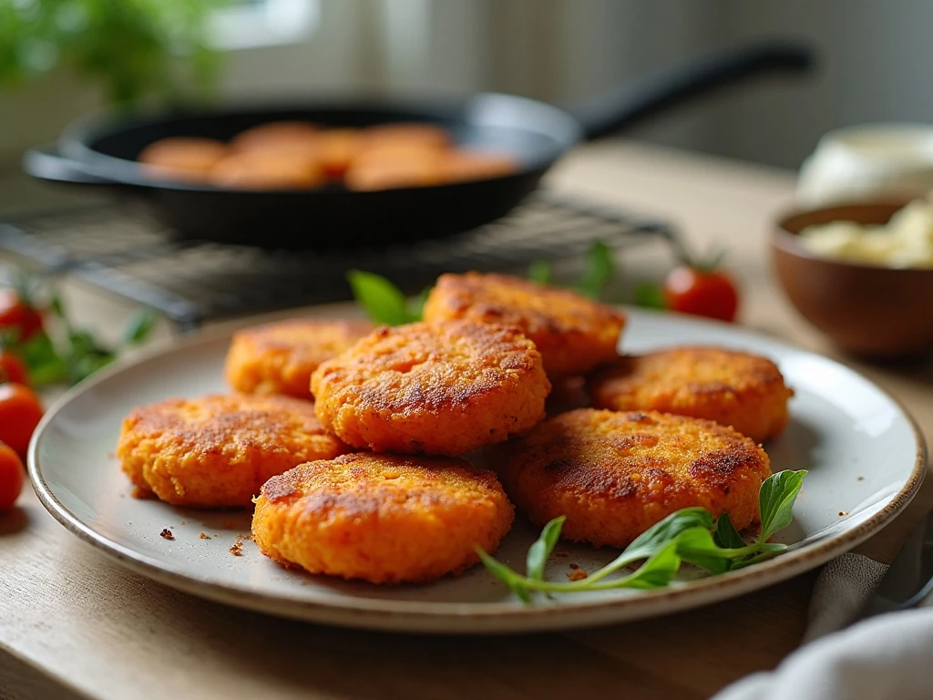 Crisp sweet potato fritters ready to serve after reheating
