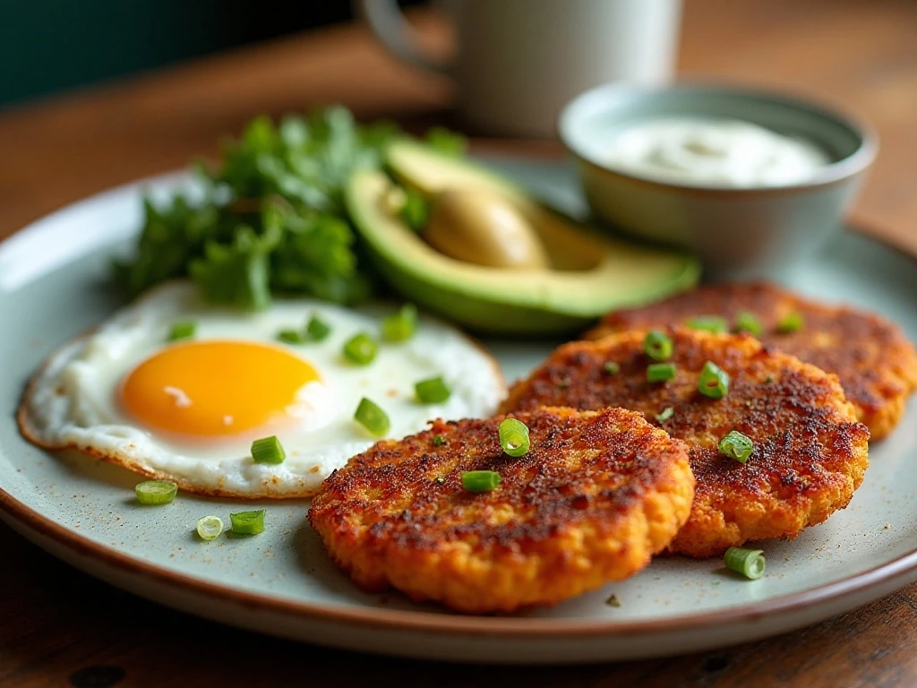Crispy sweet potato hash browns served with egg, avocado, scallions, and Greek yogurt