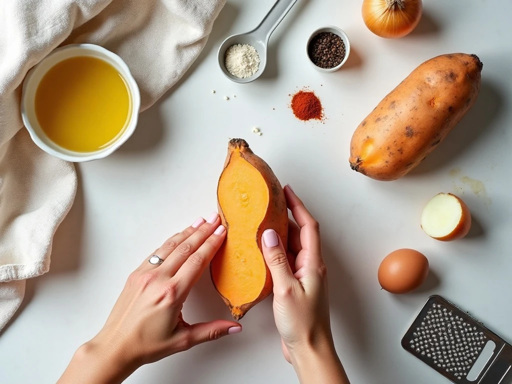 Ingredients for crispy sweet potato hash browns arranged on a countertop