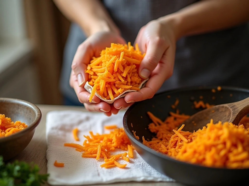 Squeezing grated sweet potatoes dry before making hash brown patties