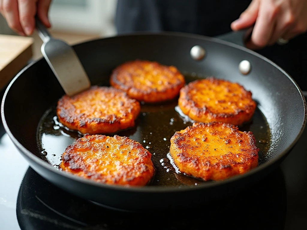 Thin sweet potato hash brown patties cooking in an uncrowded skillet