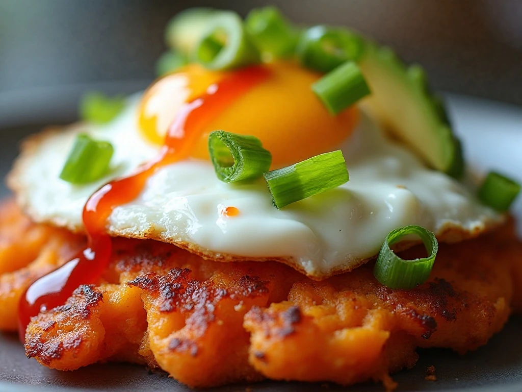 Close-up of a sweet potato hash brown topped with egg, scallions, yogurt, avocado, and hot sauce