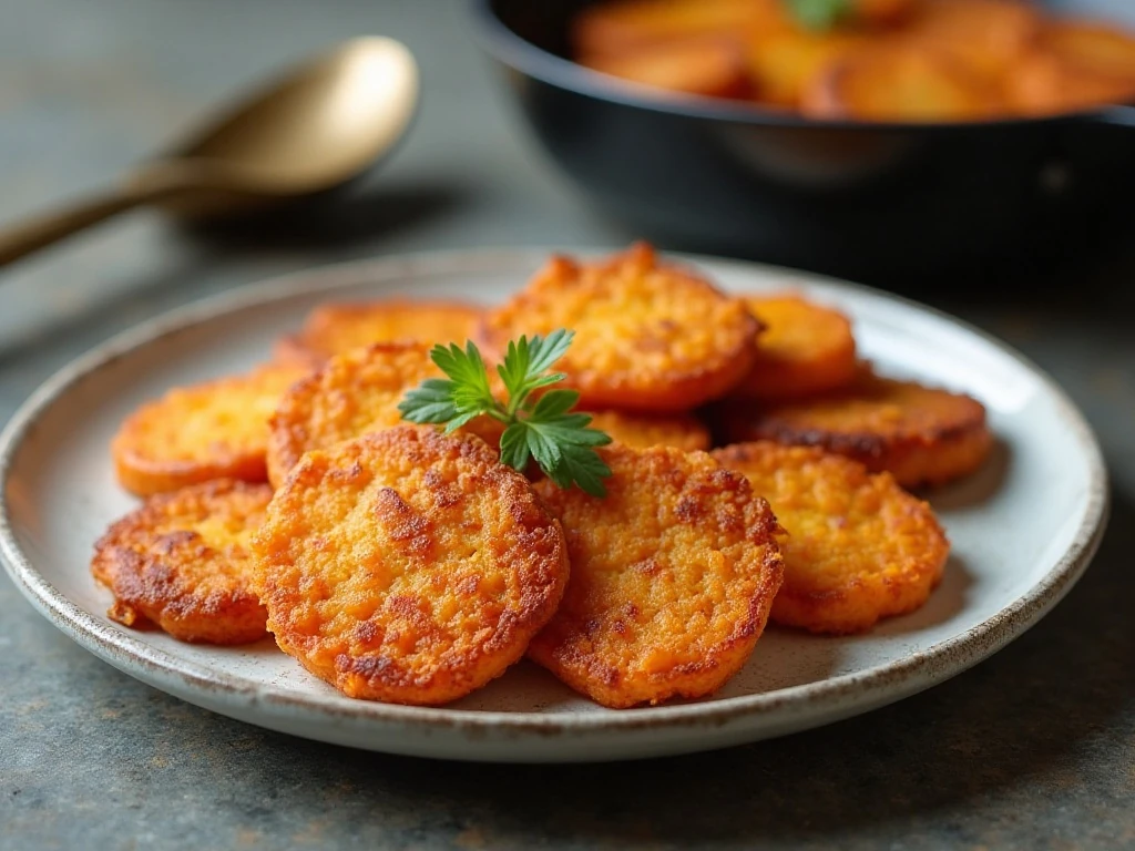 Reheated sweet potato hash browns with crisp edges on a serving plate