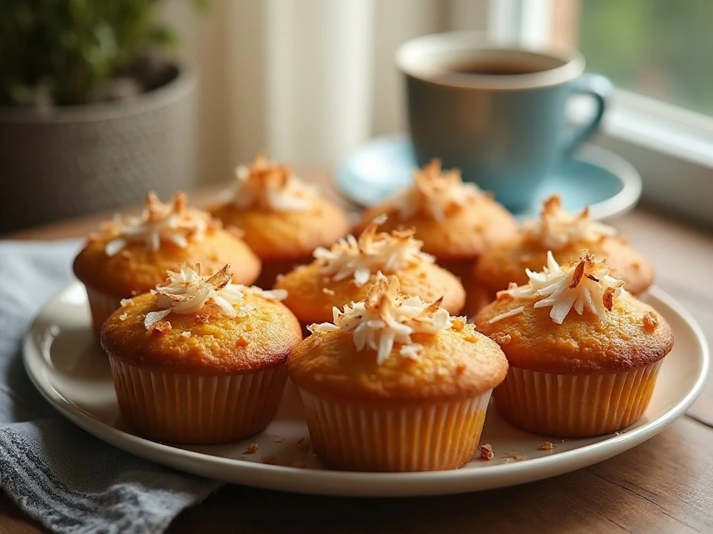 Golden sweet potato muffins with toasted coconut served for breakfast