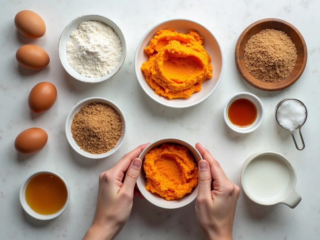 Ingredients for sweet potato muffins with toasted coconut