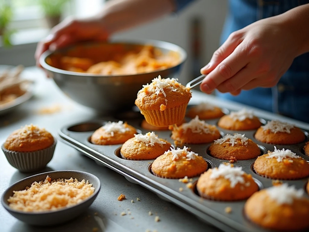Preparing sweet potato muffin batter with shredded coconut