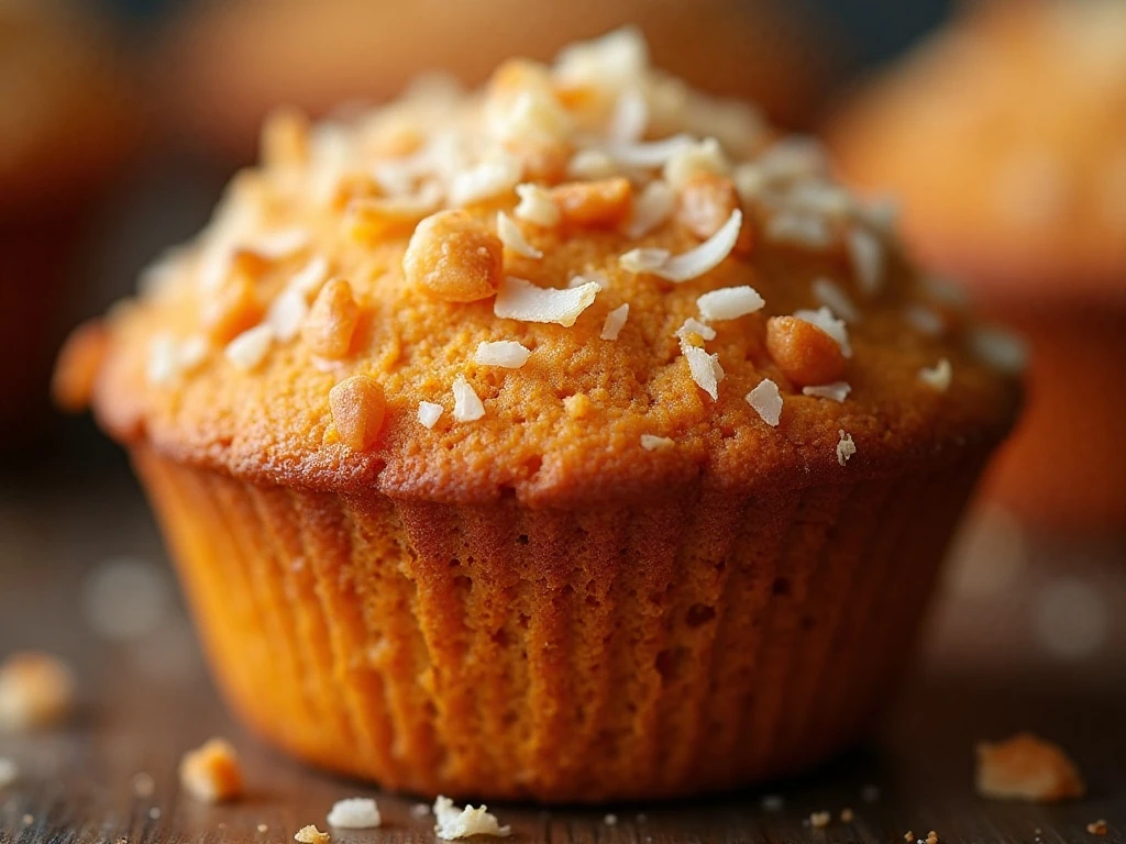 Close-up of toasted coconut topping on a sweet potato muffin