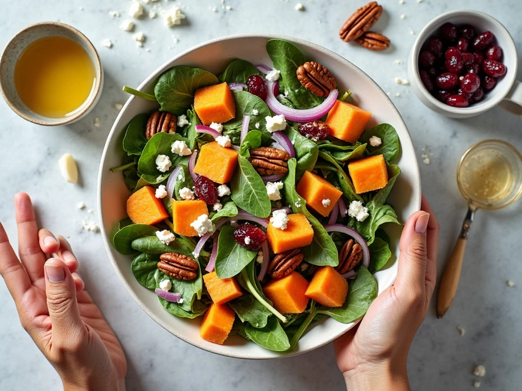 Ingredients for roasted sweet potato salad with feta, pecans, cranberries, and maple-Dijon dressing